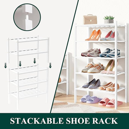 Smiry Bamboo Shoe Rack for Closet, 3 Tier Small Wooden Stackable Shoe Organizer, Free Standing Shoes Storage Shelf for Entryway, Front Door Entrance, White