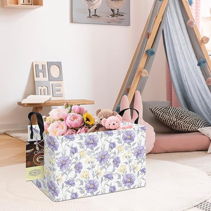 HUNRUNG Rectangle Storage Basket Cute Canvas Organizer Bin for Pet/Children Toys, Books, Clothes Perfect for Rooms(REC-Purple Flowers)