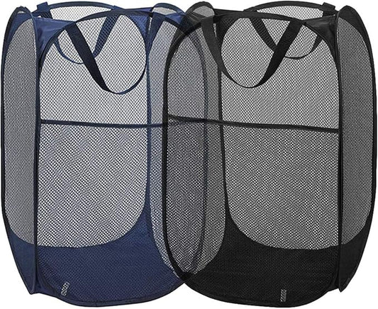 2 Packs Mesh Pop up Laundry Hamper (Black/Navy Blue) with Portable Durable Handles, Collapsible for Storage, Folding Pop-Up Clothes Hampers for Apartment, Home, College Dorm or Travel