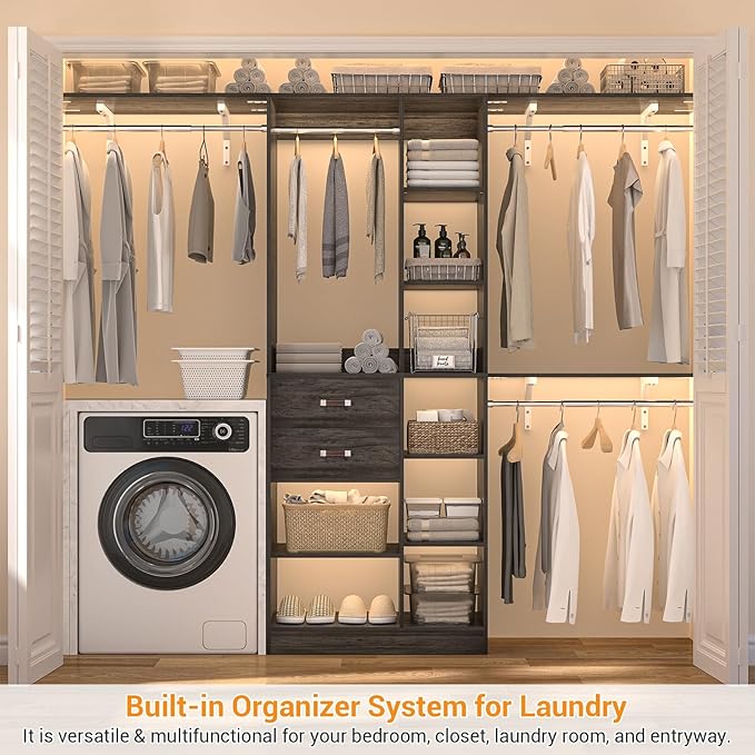 Upgraded 96 Closet System with 18 Storage Place, 8FT Closet Organizers System with 13 Shelves and 2 Wooden Drawers, 96'' Walk-in Closet with 4 Hanging Rods, Adjustable Garment Rack, Oak