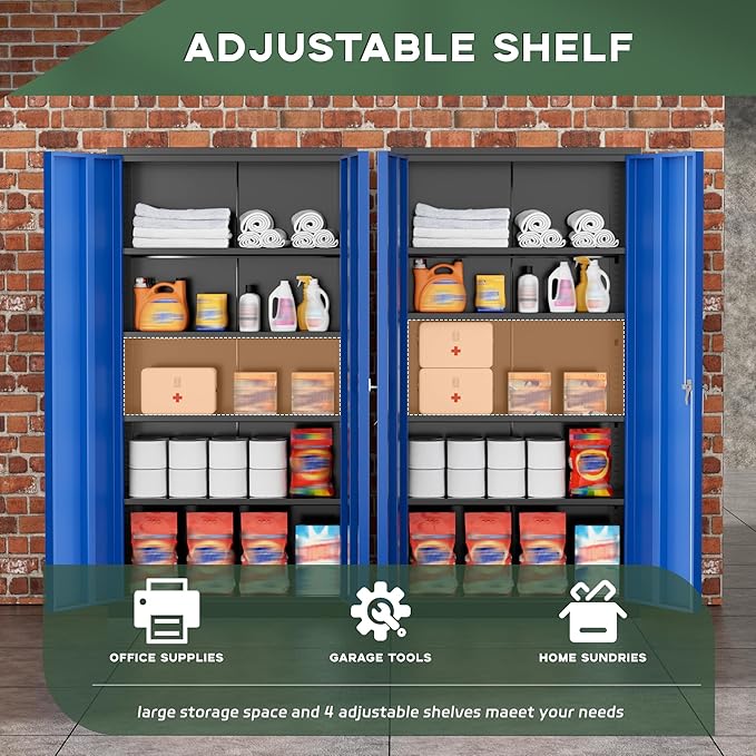 Greenvelly Metal Garage Storage Cabinet, 72" Black Blue Tool Steel Locking Cabinet with Doors and 4 Shelves, Tall Cabinets for Garage Storage Systems Lockable File Cabinet for Home Office,Garage