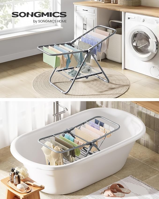 SONGMICS Small Clothes Drying Rack, Foldable 2-Level Laundry Drying Rack, Space-Saving, for Small Clothes, Towels, Bathroom, Balcony, 17.3 x 39.8 x 19.7 Inches, Dove Gray ULLR504G01