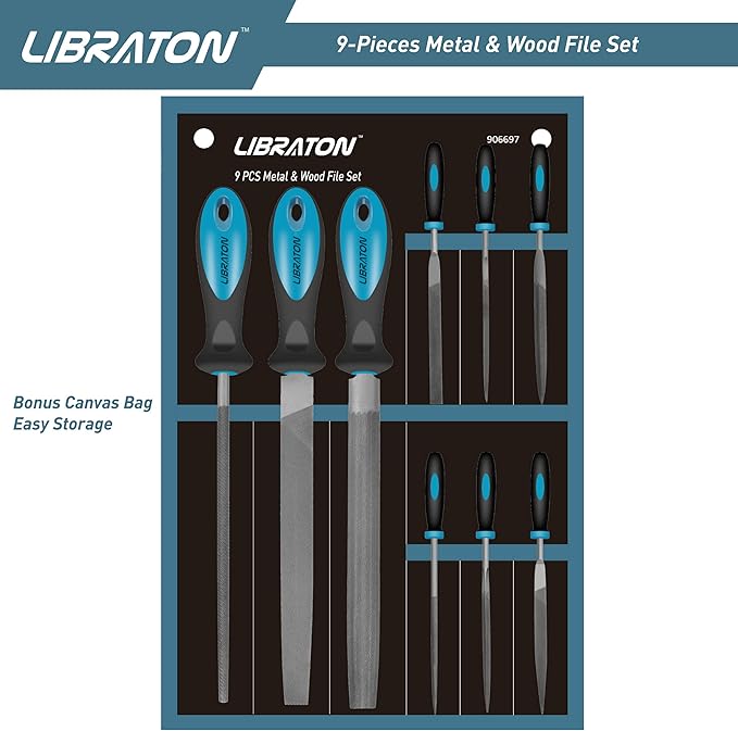 LIBRATON Metal Files - 9pc Set, Needle, Flat, Round, Half-Round Files for Metal & Woodworking