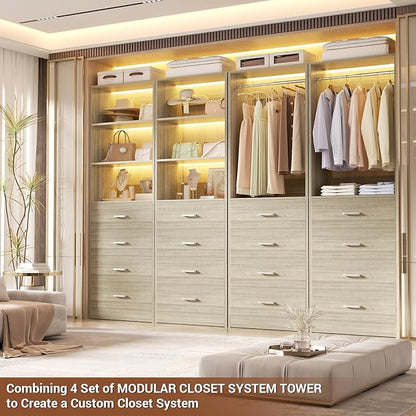 Aheaplus Wood Closet Organizer System with 4 Drawers, Modular Walk-in Closet Storage Unit, Small Closets Wardrobe Rack, Tall Storage Cabinet Unit, White Oak