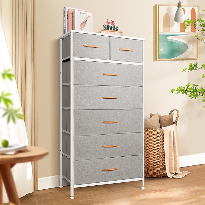 Mifuro Tall Dresser for Bedroom, Vertical Storage Organizer Tower with 7 Drawers, Chest of Drawers with Fabric Bins, Steel Frame, Wood Top for Bedroom, Closet, Entryway- Light Grey