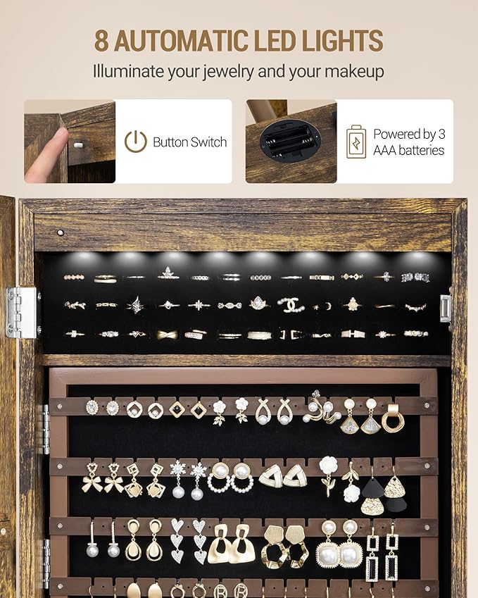 8 LEDs Jewelry Cabinet Armoire, 66.9-inch Jewelry Organizer with Garment Rack, Lockable Full-length Mirror with 4 Wheels, Storage Shelves with Hooks, 5-in-1, Toasted Oak JC17007B