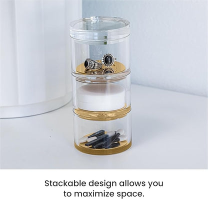OfficeGoods 3-Tier Stackable Acrylic Holder- Stylish Desk Organizer and Storage for Office or Home – Transparent Round Design with Gold Metal Base