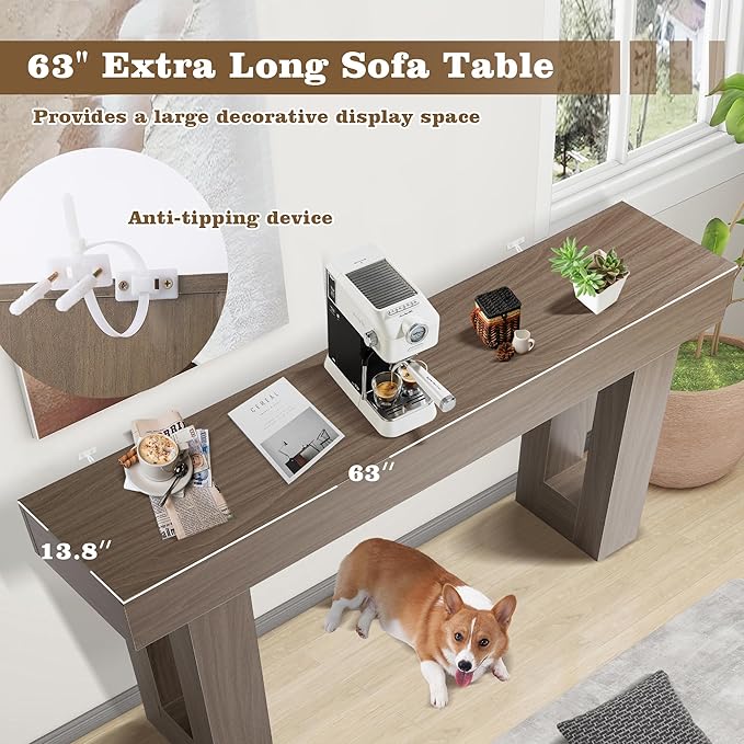 Depeht 63" Long Entryway Console Table, Wooden Farmhouse Sofa Behind Couch Table with Thickened Base, Large Industrial Hallway Accent Furniture for Living Room, Entrance, Foyer, Hallway (Oak)