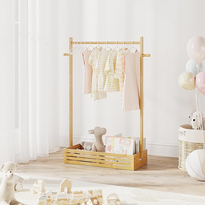Kids Clothing Rack for Toddler, Pets Clothes Rack with Storage Box & Hanging Rod for Dogs/Cats, Baby Clothes Closet Stand for Nursery Room (Natural, Kids)