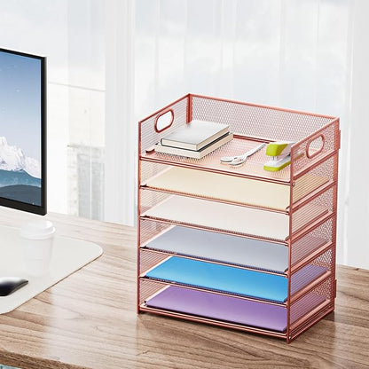 Marbrasse 6 Tier Paper Organizer Letter Tray - Mesh Desk File Organizer with Handle, Paper Sorter Organizer for Letter/A4 Office File Folder Holder - Rose Gold