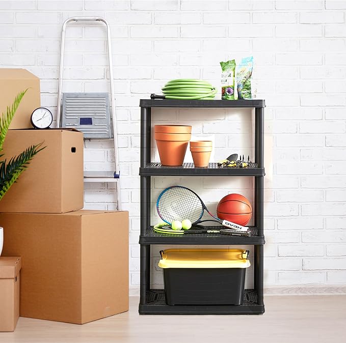 Gracious Living 4 Shelf Fixed Height Solid Light Duty Storage Unit 12 x 24 x 48" for Home, Garage, Basement, & Laundry, Black (4 Pack)