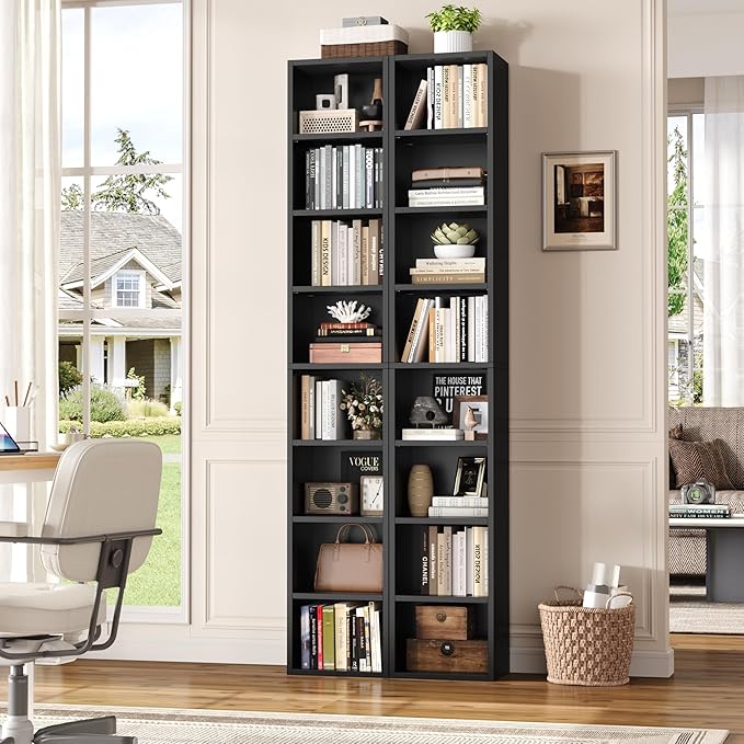 FOTOSOK 2 Pcs 71'' Tall Narrow Bookshelf, 8-Tier Media Tower Rack Set of 2, CD DVD Storage Cabinet with Adjustable Shelves, Tall Narrow Bookcase Skinny Display Bookshelf Slim Shelf, Black