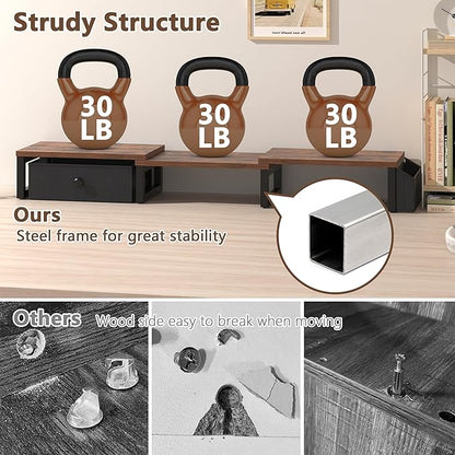 LAND·VOI Heavy Duty Dual Monitor Stand, Holds 2 Screens Up to 27 Inches, Adjustable Length and Angle Monitor Riser, Desk Organizer with Side Pockets and Drawers, Home Office Desk Storage, Rustic Brown