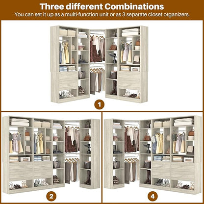 Large Corner Closet System with 3 Sets, 87.2" Closet Organizer System with 4 Drawers & 4 Hanging Rods, Reversible L Shaped Walk-in Closets, Load 2000+LBS, White Oak (87.2" L x 39.2" W x 80" H)
