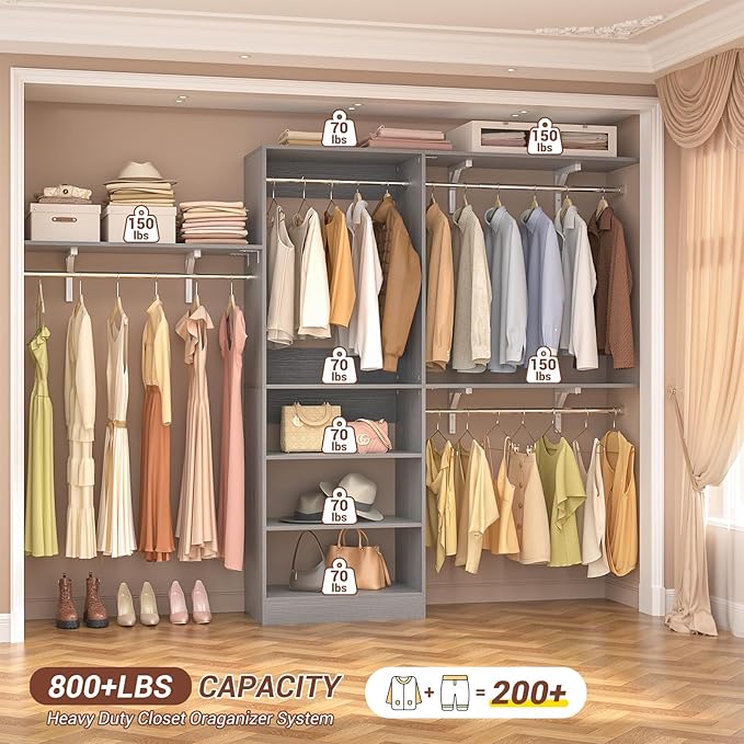Armocity 96'' Closet System, 8FT Walk In Closet Organizer with 3 Shelving Towers, Heavy Duty Bedroom Wardrobe with 5 Shelves, Wall Mounted Clothes Rack (Can Be Cut To Fit), 96"L x 16"W x 75"H, Grey