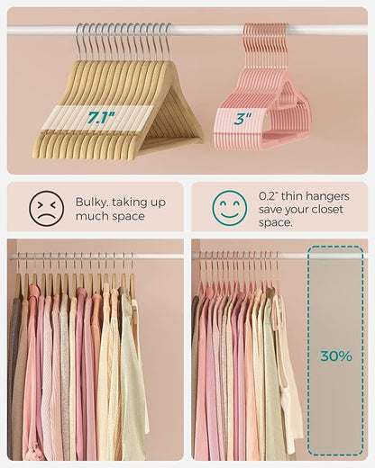 SONGMICS Pack of 50 Coat Hangers, Space-Saving Plastic Clothes Hangers, Non-Slip, 0.2 Inches Slim, 16.5 Inches Wide, 360° Swivel Rose Gold Hook, Light Pink UCRP20PK05