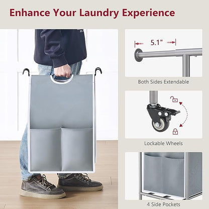 Tajsoon Laundry Sorter with Hanging Bar, 3 Section Rolling Laundry Hamper with Heavy Duty Lockable Wheels, Laundry Basket with Hanging Rack for Bedroom, 3 Gray