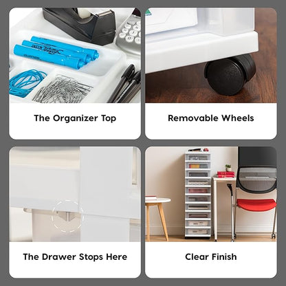 IRIS USA Plastic Drawer Storage Organizer Rolling Cart, with Wheels Casters, 10-Drawers, for Classroom Art Craft Supplies Dresser Closet Bathroom Laundry Room, White/Clear