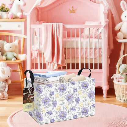 HUNRUNG Rectangle Storage Basket Cute Canvas Organizer Bin for Pet/Children Toys, Books, Clothes Perfect for Rooms(REC-Purple Flowers)