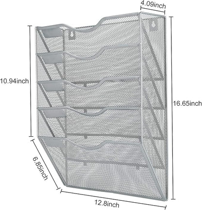 PAG Hanging Wall File Holder Mail Organizer Wall Mount Document Letter Rack, 5-Tier, Silver