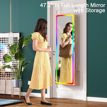HNEBC LED Mirror Jewelry Cabinet with RGB Lights,47.2" Wall Mounted Jewelry Organizer with Full-Length Mirror,Over The Door Hanging Jewelry Armoire Storage Cabinet,Folding Dresser,2 Drawers,Lockable
