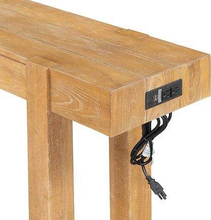 SOFTSEA Rustic Entryway Table with Hidden Drawer, Wood Console Table with Side Power Outlet, Sofa Table for Living Room Office, Natural