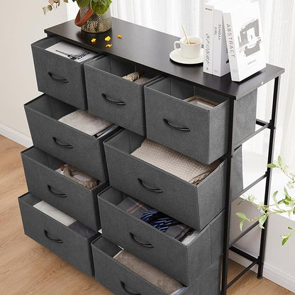 Sweetcrispy 9 Drawer Fabric Dresser Tall Chest Storage Organizer Tower with Cabinet Metal Frame and Wood Top Lightweight Closet Furniture for Bedroom,Charcoal Grey