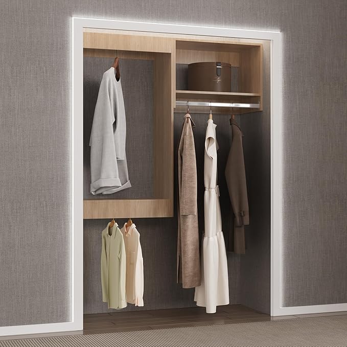Modular Closet Organizer, 55" Wide Wood Tower with Hanging for Walk-In Closets, Wall Mounted Wardrobe Kit