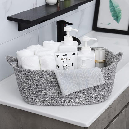ABenkle Small Storage Basket with Handles, Cotton Rope Woven Dog Cat Toy Bin, Decorative Shelves Closet Organizing for Nursery Laundry Bedroom Bathroom, 14.2''x 11''x 5.1''