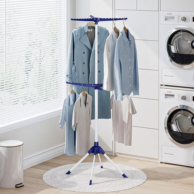 APEXCHASER Clothes Drying Rack 2-Tier Folding Laundry Drying Rack, 57 Inch Collapsible Clothing Rack 4 Legs, 6 Arms for 48 Hangers, Portable Clothes Airer for Indoor Outdoor Beach RV Travel, Blue