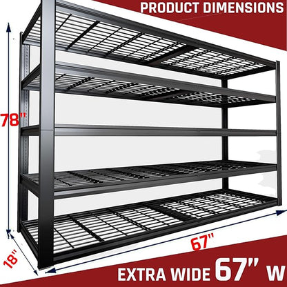 67" W Garage Shelving Heavy Duty, 18" D Garage Shelves, 78" H Adjustable Storage Shelving Unit, 5 Tier Commercial Metal Shelves for Warehouse, Basement, Shop, 67" W x 18" D x 78" H