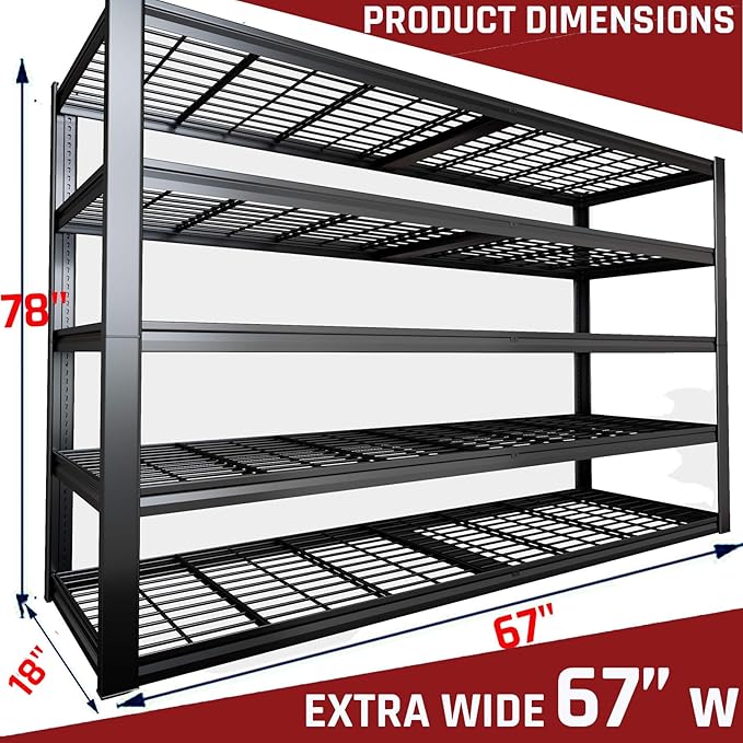 67" W Garage Shelving Heavy Duty, 18" D Garage Shelves, 78" H Adjustable Storage Shelving Unit, 5 Tier Commercial Metal Shelves for Warehouse, Basement, Shop, 67" W x 18" D x 78" H,2 Pack