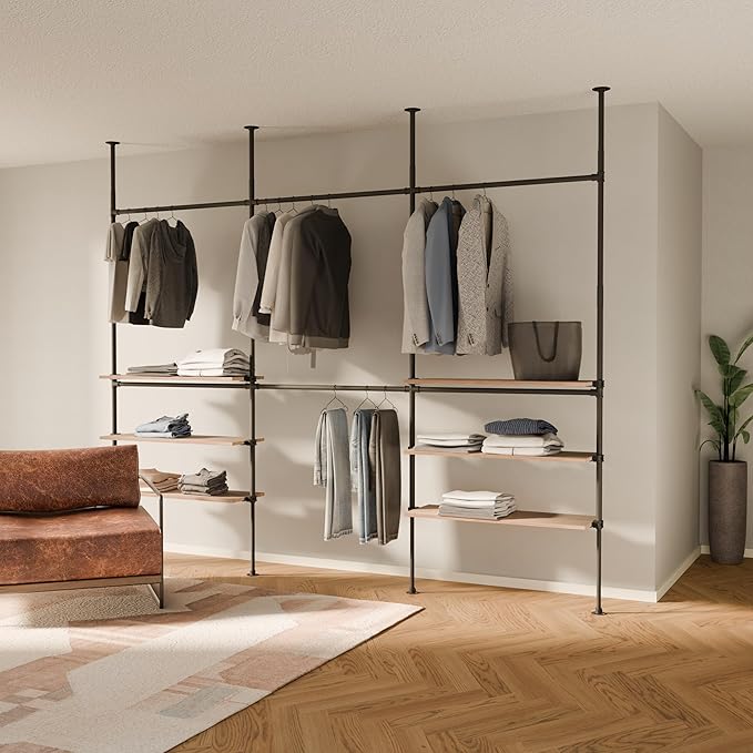 pamo Industrial Pipe Clothing Rack with Shelf - 550 lbs Capacity - Clamping Clothes Rack and Walk In Closet with Oak Shelf for Wardrobe