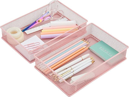 Annova Mesh Stackable Drawer Cabinet and Shelf Organizer Bins Storage Basket School Office Supply Holder Tray- Set of 2 (Light Pink, 6x9x2 Inch)