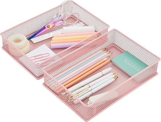 Annova Mesh Stackable Drawer Cabinet and Shelf Organizer Bins Storage Basket School Office Supply Holder Tray- Set of 2 (Light Pink, 6x9x2 Inch)