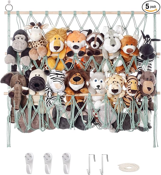 Stuffed Animal Net or Hammock Large Corner Storage for Plushies Stuffed Animals Zoo Wall Hanging Organizer Holder for Hammock, Space-Saving Nursery Decor (Green)
