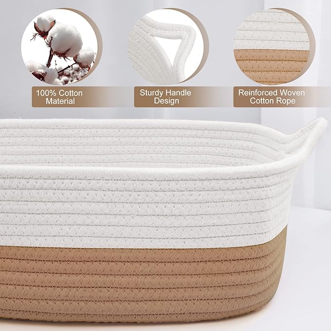 ABenkle Small Storage Basket with Handles, Cotton Rope Woven Dog Cat Toy Bin, Decorative Shelves Closet Organizing for Nursery Laundry Bedroom Bathroom, 14.2''x 11''x 5.1''
