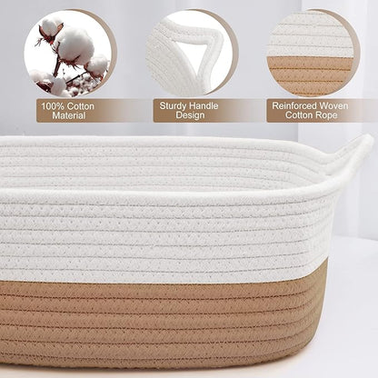 ABenkle Small Storage Basket with Handles, Cotton Rope Woven Dog Cat Toy Bin, Decorative Shelves Closet Organizing for Nursery Laundry Bedroom Bathroom, 14.2''x 11''x 5.1''