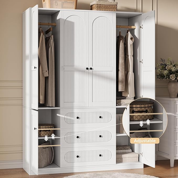 4 Doors Freestanding Armoire Wardrobe Closet, 72" White Wardrobe Armoire Wooden Closet Large Capacity Storage with 3 Drawers & 3 Hanging Rod Shelves Clothes Organizer