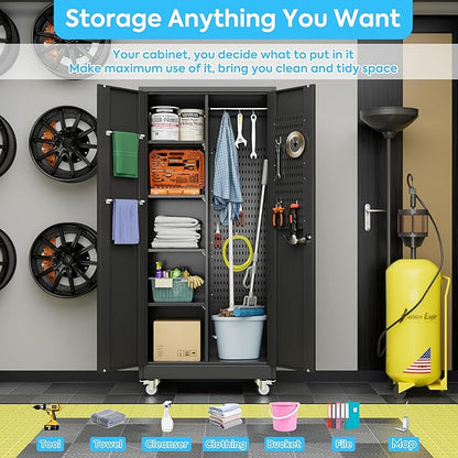 Broom Closet Storage Cabinet with Wheels, 5 Pegboard and 13 Hooks, Metal Garage Storage Cabinet with Doors and 4 Adjustable Shelves for Garage Home Bathroom, 17.7" D x 33.5" W x 70.87" H, Black