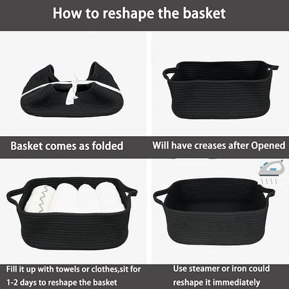 Woven Cotton Rope Storage Basket with Handles for Organizing Shelves Closet Small Cat Dog Pet Toy Basket Box Bin Decorative Rectangle Baby Nursery baskets Gift Baskets Empty Black
