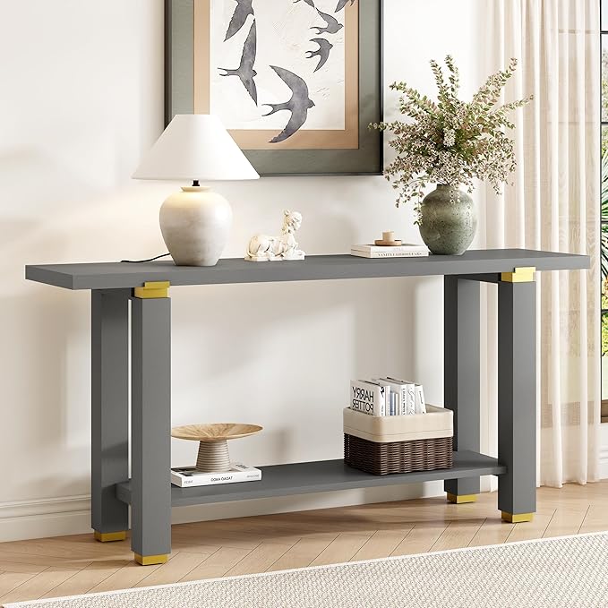 62.9" Modern Minimalist Console Table, Solid Wood Entryway Sofa Table with Metal Accents, 2-Tier with Open Shelf and Built-in Shelf for Living Room, Hallway (Gray-J22)
