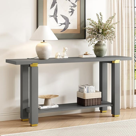 62.9" Modern Minimalist Console Table, Solid Wood Entryway Sofa Table with Metal Accents, 2-Tier with Open Shelf and Built-in Shelf for Living Room, Hallway (Gray-J22)