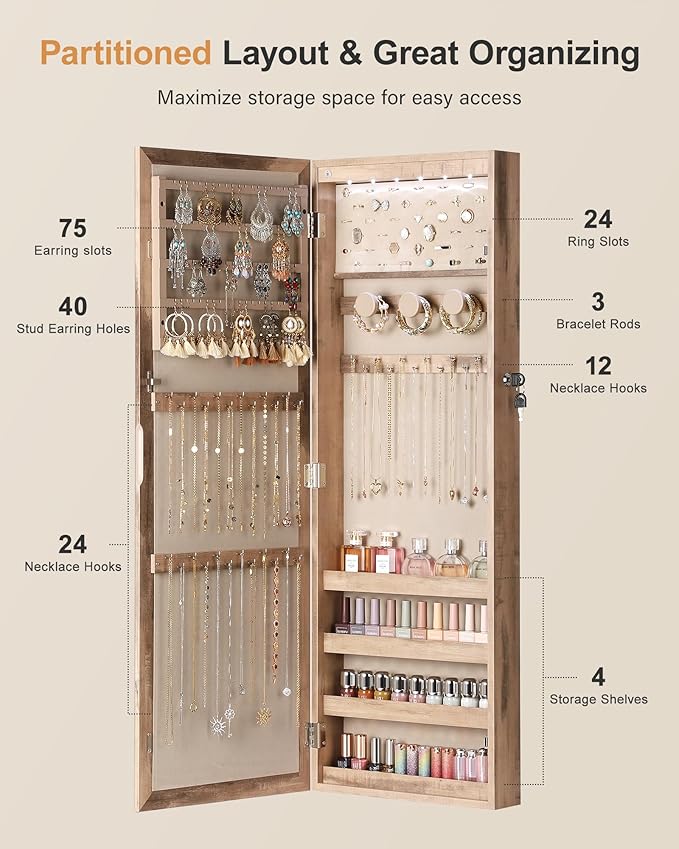 Nicetree 6 LEDs Mirror Jewelry Cabinet, Large Capacity Lockable Jewelry Armoire Organizer, Door or Wall Mounted Mirror with Jewelry Storage, Oak