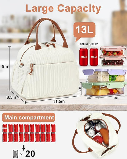 Bluboon Lunch Bag for Women Cute Corduroy Lunch Tote Bags with Shoulder Strap Reusable Insulated Lunch Box Large Capacity Reusable Insulated Cooler for Work Picnic or Travel (13L)