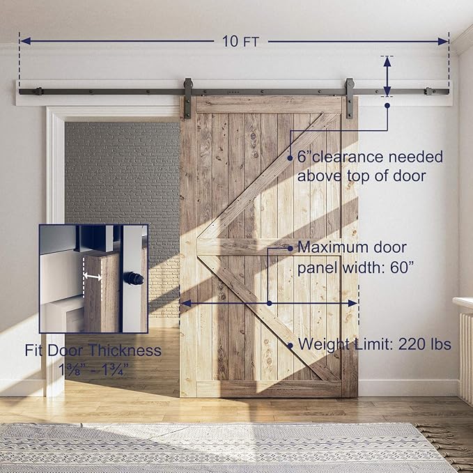 SMARTSTANDARD 10FT Sliding Barn Door Hardware Kit, Heavy Duty Track-Smoothly and Quietly-Includes Detailed Installation Instruction Fit 60" Wide Door Panel (J Shape Hanger) Black