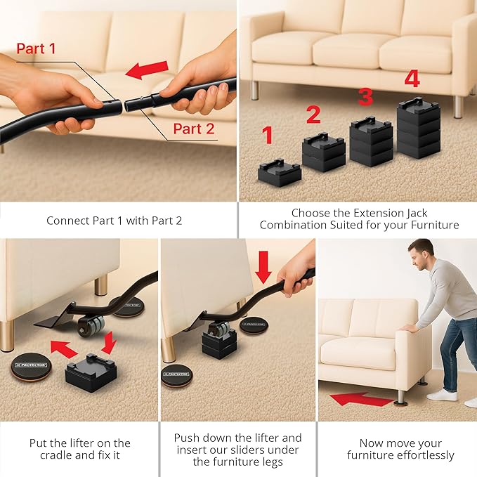 X-Protector Furniture Sliders for Carpet & Furniture Lifter Tool Set - 4 PCS 3 1/2" Sliders for Furniture with Foldable Furniture Jack. Move Your Furniture Easily with Furniture Movers for Carpets!