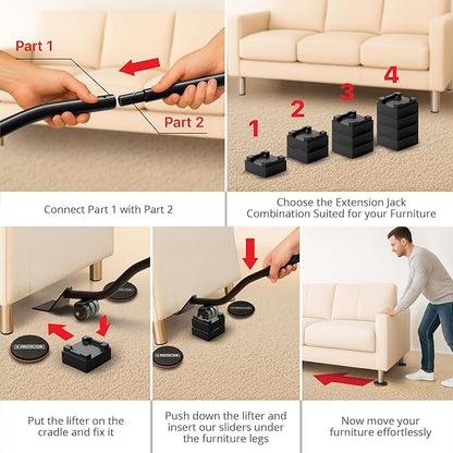 X-Protector Furniture Sliders for Carpet & Furniture Lifter Tool Set - 4 PCS 3 1/2" Sliders for Furniture with Foldable Furniture Jack. Move Your Furniture Easily with Furniture Movers for Carpets!