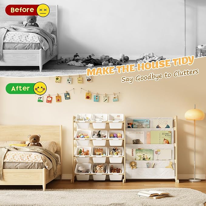 Toy Storage Organizer with Bookshelf - 12 Storage Bins 4-Tier Multipurpose Shelf to Organize Toys and Books for Kids Room, Playroom, Nursery Room, White