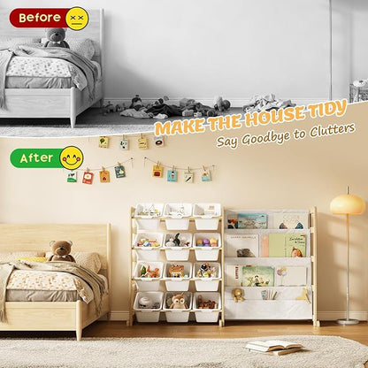 Toy Storage Organizer with Bookshelf - 12 Storage Bins 4-Tier Multipurpose Shelf to Organize Toys and Books for Kids Room, Playroom, Nursery Room, White